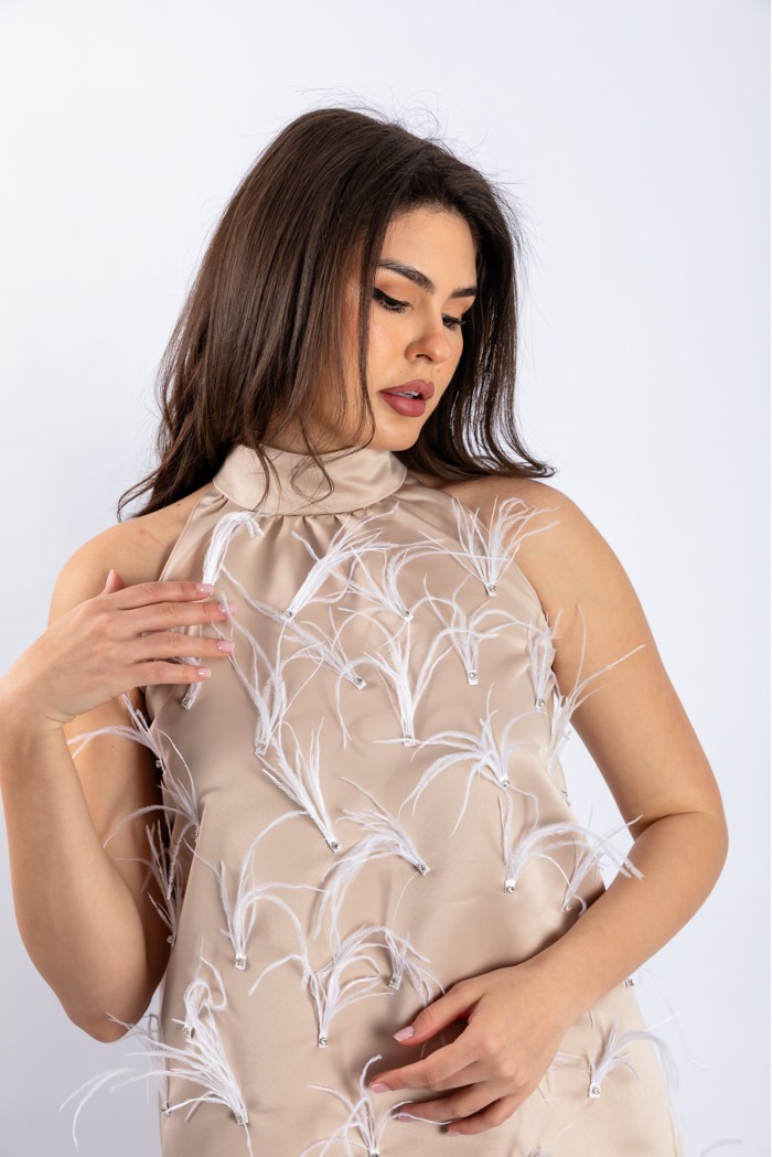 A.Rio - Rochie bej cu pene albe aplicate