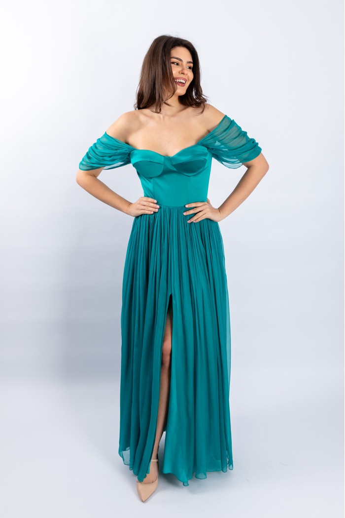 Anastasia - Rochie turcoaz din voal de matase 