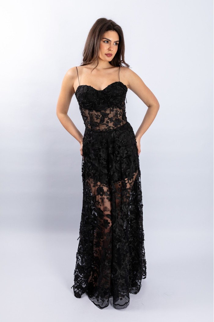 Analyn Dress - Rochie lunga cu decupaje si dantela brodata cu flori