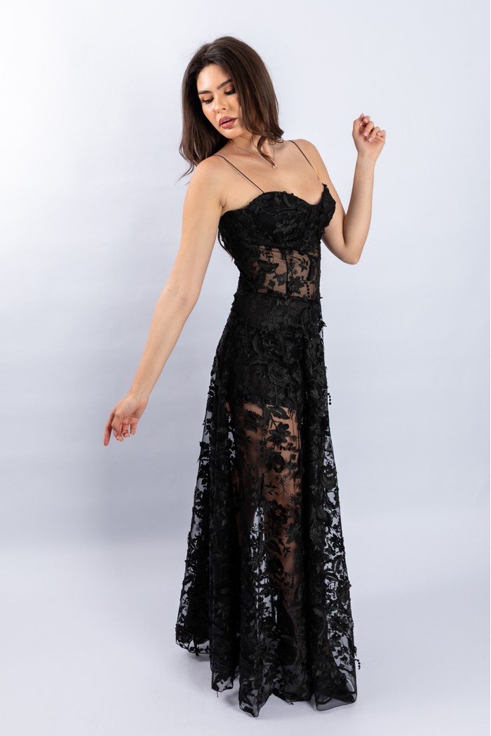 Analyn Dress - Rochie lunga cu decupaje si dantela brodata cu flori