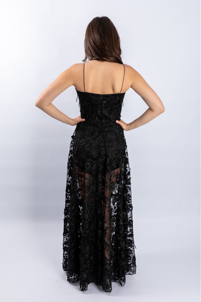 Analyn Dress - Rochie lunga cu decupaje si dantela brodata cu flori