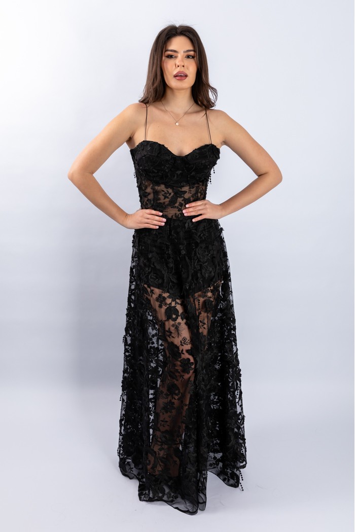 Analyn Dress - Rochie lunga cu decupaje si dantela brodata cu flori